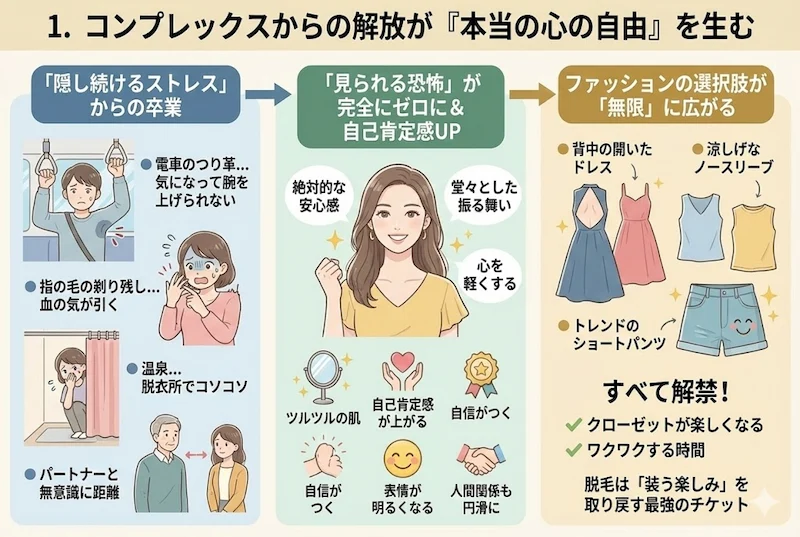コンプレックスからの解放とファッションの選択肢拡大による「本当の心の自由」を解説した図解