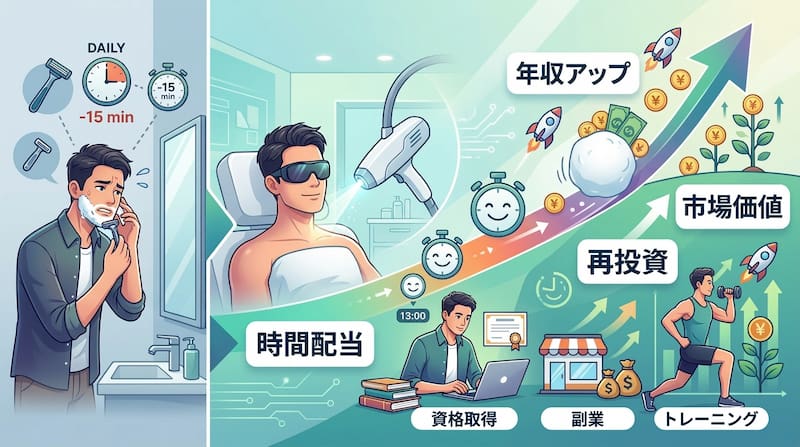 「毎日の髭剃りによる15分の損失」をヒゲ脱毛によって「時間配当」へと転換し、資格取得、副業、トレーニングへの再投資を通じて市場価値と年収を向上させる複利のサイクルを可視化した図解。自己資本を磨き、雪だるま式に成果を拡大させる戦略的な自己投資の重要性を説く、1級FP的視点を含んだ2026年最新のインフォグラフィック画像。