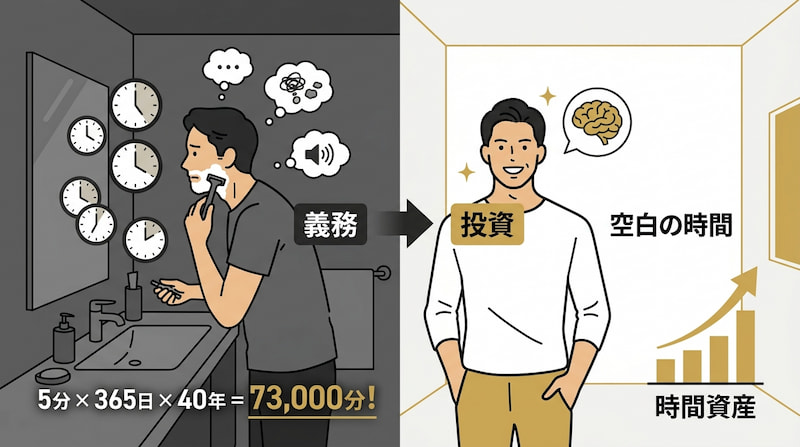 毎日5分の髭剃りを40年続けた場合の「73,000分（約1,216時間）の損失」と、ヒゲ脱毛による「時間資産」の創出を比較したインフォグラフィック。左側には義務としての髭剃りに追われる男性、右側には脱毛投資によって「空白の時間」とメンタルリソースを手に入れた笑顔の男性を可視化。1級FP視点でタイパ（タイムパフォーマンス）を最大化させる戦略的自己投資を示す、2026年最新のライフハック・イメージ画像。