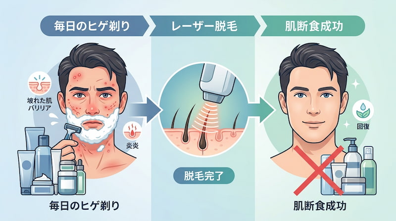 毎日のヒゲ剃りによる肌荒れ・炎症から、医療レーザー脱毛を経て「肌断食」を成功させるまでのステップ図解。カミソリ負けで壊れた肌バリアを、脱毛完了によって回復させ、基礎化粧品すら手放す「究極の美肌ミニマリズム」を可視化。肌の自浄作用を取り戻し、スキンケアのノイズをゼロにする2026年最新のセルフケア戦略イメージ。