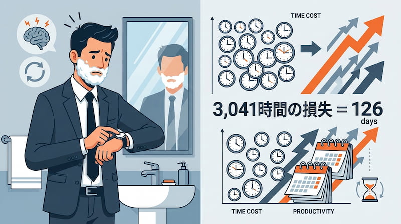 毎日5分の髭剃りを40年続けた場合の「73,000分（約1,216時間）の損失」と、ヒゲ脱毛による「時間資産」の創出を比較したインフォグラフィック。左側には義務としての髭剃りに追われる男性、右側には脱毛投資によって「空白の時間」とメンタルリソースを手に入れた笑顔の男性を可視化。1級FP視点でタイパ（タイムパフォーマンス）を最大化させる戦略的自己投資を示す、2026年最新のライフハック・イメージ画像。