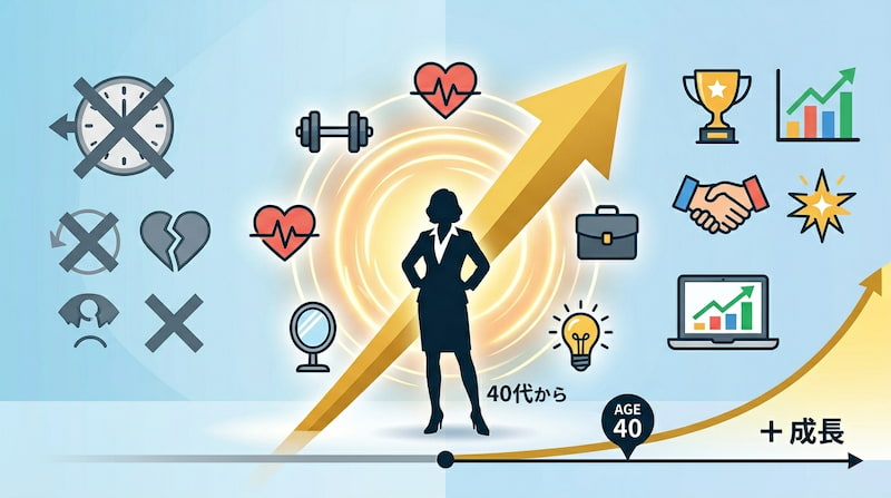 40代からの自己投資と成長を可視化したインフォグラフィック。時間の浪費やネガティブな感情を断ち切り、健康管理（心肺・筋力）、ビジネススキル、新たなアイデア、信頼獲得を通じて、AGE 40から右肩上がりにパフォーマンスを最大化させるロードマップ。1級FP視点で人生の後半戦を「成長の複利」に変える戦略を示す、2026年最新のビジネス・マインドセットイメージ画像。