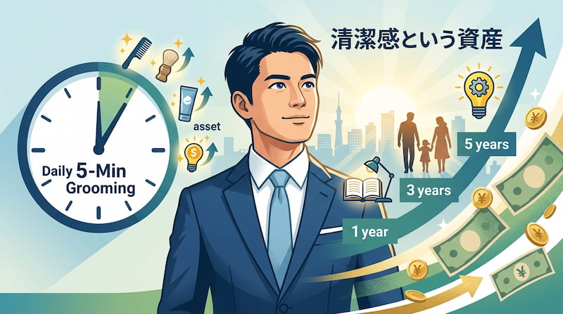 1級FPが提唱する「清潔感という資産」の概念図。毎朝5分のグルーミング習慣が、1年、3年、5年と経過するにつれてビジネスパフォーマンスや信頼獲得の「利回り」として蓄積される様子を可視化した、2026年最新のセルフマネジメント向けイメージ画像。