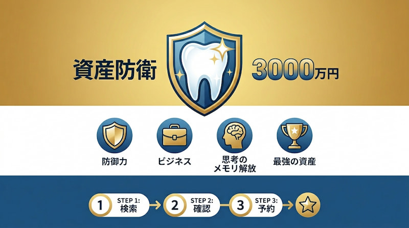 歯の資産価値3,000万円を死守するための「資産防衛」戦略図。予防歯科をビジネスの成約率向上や「思考のメモリ解放」に繋がる最強の自己投資と定義。防御力を高めるための「検索・確認・予約」の具体的な3ステップを可視化し、管理コストを最小化して自由を最大化するライフプランを示す、1級FP視点の2026年最新インフォグラフィック画像。