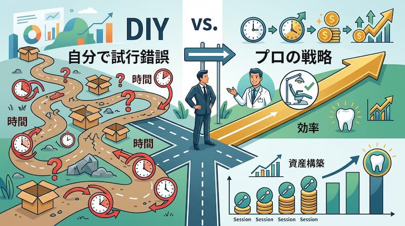 「自分で試行錯誤するDIY」と「プロの戦略」による歯科ケアの投資効率を比較したインフォグラフィック。左側には時間を浪費し迷走する険しい道(DIY)、右側には歯科医師の診断に基づき効率的に「資産構築」を進める直線的な成功ルートを可視化。管理コストを最小化し、時間を資産に変えるための戦略的自己投資を説く、1級FP視点の2026年最新ビジネスイメージ画像。