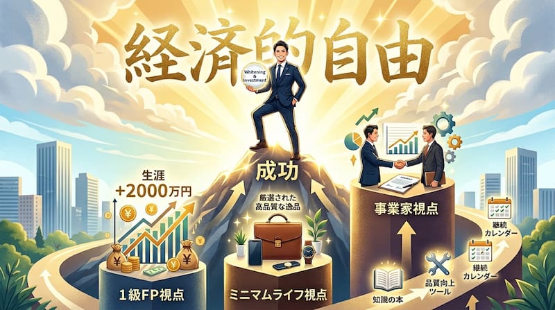 「経済的自由」へのロードマップを可視化したインフォグラフィック。1級FP視点による「生涯+2000万円の資産格差」、ミニマムライフ視点での「厳選された逸品による生産性向上」、事業家視点での「知識・ツール・継続による成果最大化」という3つの核心を統合。自己投資を戦略的資産と捉え、成功の頂点を目指すプロセスを体系化した、2026年最新の人生最適化・資産形成イメージ画像。