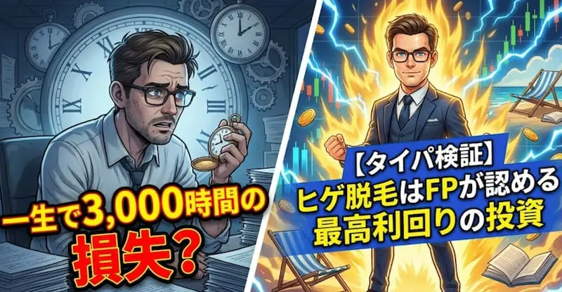 「一生で3,000時間の損失？」と「ヒゲ脱毛はFPが認める最高利回りの投資」を対比させた、ヒゲ脱毛の投資対効果（ROI）とタイパ検証の図解。左側には毎日の髭剃りに追われ時間を浪費する焦燥感、右側には脱毛により自由な時間と資産を手に入れた自信溢れるビジネスマンを可視化。1級FP視点で自己資本を最大化させる戦略的自己投資を説く、2026年最新のイメージ画像。