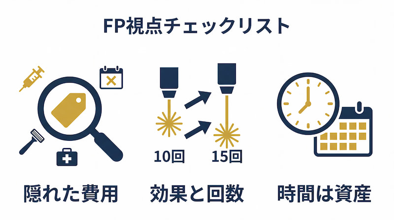 1級FPが提唱する「医療脱毛選びのチェックリスト」図解。追加料金などの「隠れた費用」、脱毛効果と完了までの「回数」の比較、そして「時間は資産」という3つの重要項目を可視化。失敗しない自己投資と、賢いクリニック選びのポイントを解説する2026年最新のインフォグラフィック。