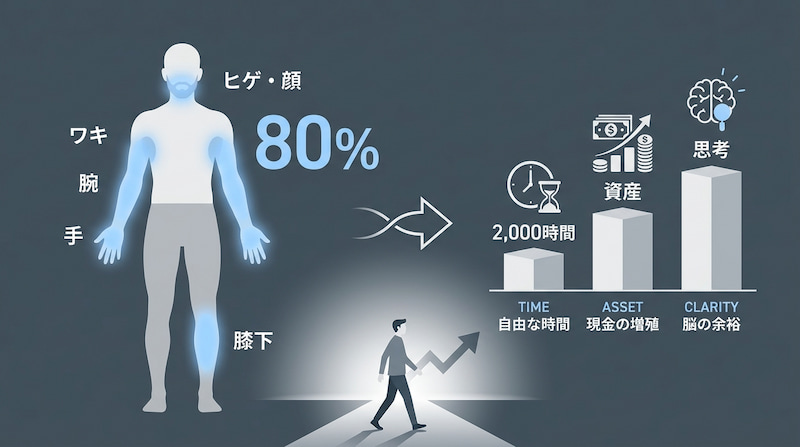 1級FPが『パレートの法則（80/20の法則）』を脱毛に適用した戦略的図解。ヒゲ・顔、手、膝下など主要な20%の部位に絞って投資することで、80%の成果（2,000時間の時短、資産・現金の増殖、脳の余裕・思考のクリアさ）を最大化する。美容を効率的な資産運用と捉える、2026年最新のビジネスパーソン向け自己投資ガイド。