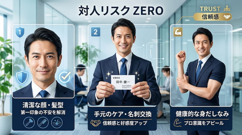 1級FPが分析する「対人リスクZERO」のビジネス戦略図解。清潔な顔・髪型による第一印象の不安解消、名刺交換時の手元のケアによる信頼感・好感度アップ、健康的な身だしなみによるプロ意識のアピールを3段階で解説。自己投資としてのグルーミングでビジネスパフォーマンスを最大化する2026年最新のイメージ画像。