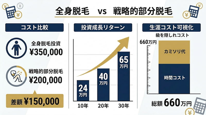 1級FPが分析する「全身脱毛」と「戦略的部分脱毛」の生涯コスト比較。350,000円と200,000円の差額15万円を資産運用に回した場合の30年後の成長リターン（65万円）や、カミソリ代と時間コストを合わせた生涯コスト660万円を可視化した、2026年最新の自己投資シミュレーション。