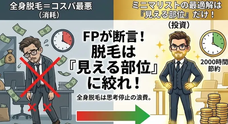 1級FPが断言する、ミニマリストに最適な脱毛戦略の比較図解。全身脱毛をコスパ最悪の「浪費」と定義し、見える部位に絞ることで2000時間の時短と資産形成を実現する「投資」としての脱毛を解説。自信に満ちたスーツ姿の専門家が提唱する2026年最新の効率化ガイド。