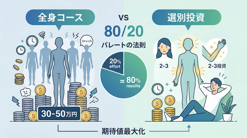 パレートの法則（80/20の法則）を用いた医療脱毛のコストパフォーマンス比較図解。30〜50万円かかる全身コース（浪費）に対し、20%の重要部位に絞る「選別投資」で80%の成果を得る「期待値最大化」の考え方を可視化した、2026年最新の自分磨き戦略イメージ。