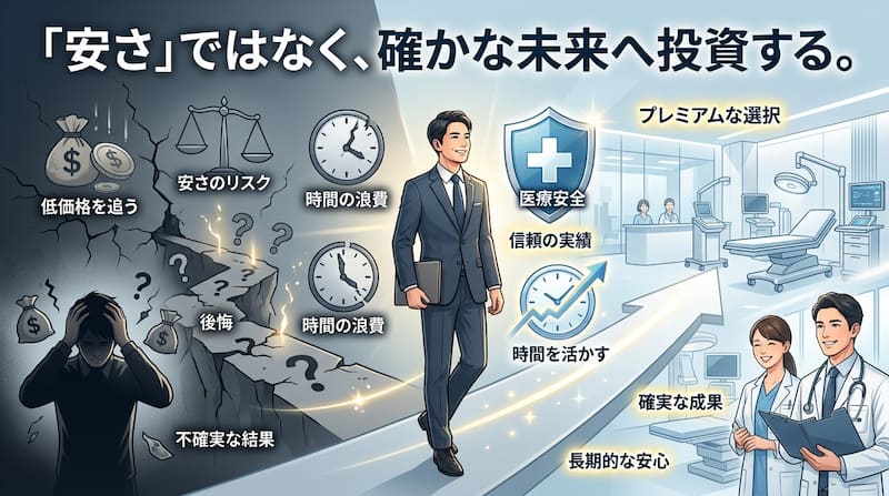 「安さ」のリスクと「確実な未来」への投資を対比させたインフォグラフィック。低価格を追った結果の「時間の浪費」や「不確実な結果」に対し、プレミアムな選択による「医療安全」「確実な成果」「時間の資産化」という高いROI（投資対効果）を可視化。1級FP視点で、目先のコストではなく長期的な安心とパフォーマンスを最大化させる自己投資の重要性を説く、2026年最新の図解イメージ画像。