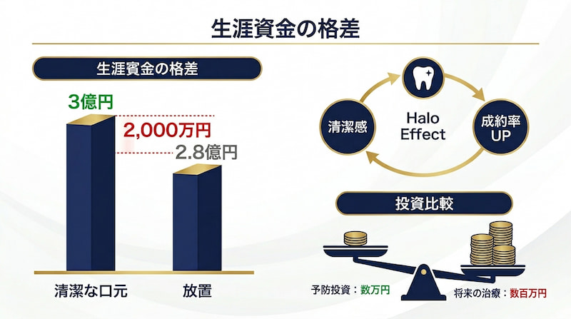 1級FPが分析する「生涯資金の格差」と歯科投資の相関図。清潔な口元を維持することで生涯資金が2,000万円向上するロジックを可視化。清潔感が「ハロー効果」を生み、成約率向上に繋がるサイクルと、数万円の「予防投資」が将来の数百万円の「治療費」という負債を回避する投資効率を比較した、ビジネスパーソン向けの戦略的資産形成イメージ画像。