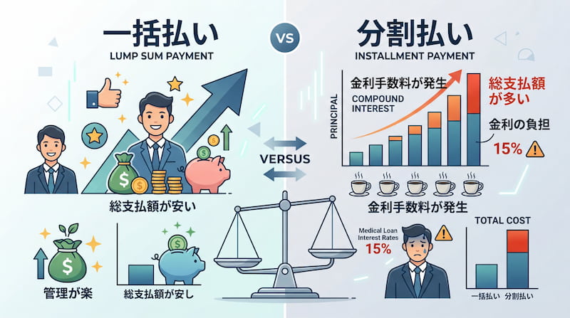 一括払いと分割払いの総支払額を比較したインフォグラフィック。金利手数料（例：年利15%のメディカルローン等）によるコスト増のリスクと、総支払額を抑えて管理を楽にする一括払いのメリットを天秤やグラフで可視化。賢い支払い方法の選択と資産管理を解説するSEO向けイメージ画像。