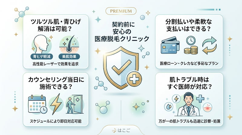 「契約前に安心の医療脱毛クリニック」選びの4ポイントを解説したインフォグラフィック。1) 高性能レーザーによる青ヒゲ軽減・美肌効果、2) 分割払いや医療ローン等多彩な支払いプラン、3) カウンセリング当日の即日施術対応、4) 万が一の肌トラブル時の医師による迅速な診察体制を可視化。1級FP視点で自己投資の失敗を防ぐための、2026年最新のクリニック選定チェックリスト図解。
