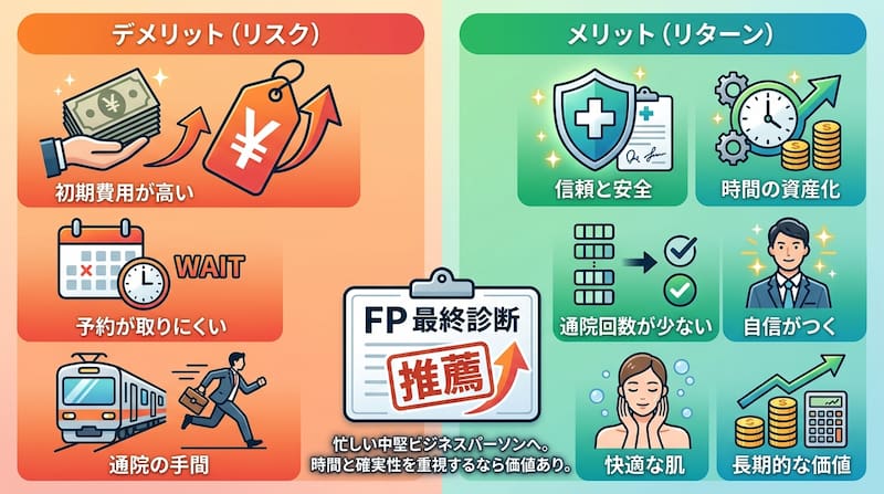 1級FPが診断する「医療脱毛」のメリット（リターン）とデメリット（リスク）の比較図解。高い初期費用や予約の取りにくさといったリスクに対し、時間の資産化、長期的な価値、信頼性をリターンとして提示。忙しいビジネスパーソンに向けて、時間と確実性を重視した「推薦」の最終診断を下す、2026年最新の自己投資・資産形成イメージ画像。