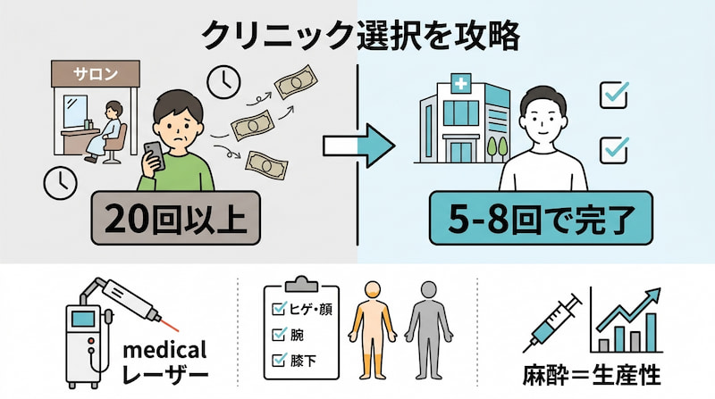 医療脱毛クリニック選びの攻略図解。20回以上の施術が必要なエステサロンと、5-8回で完了する医療クリニックの回数・時間・コストの効率を比較。ヒゲ・顔、腕、膝下の医療レーザー施術や、痛みを抑える「麻酔＝生産性」という視点で賢い投資先を解説する2026年最新のイメージ画像。
