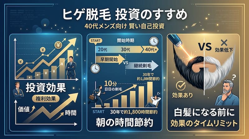 40代メンズ向けのヒゲ脱毛を「賢い自己投資」として解説するインフォグラフィック。1) 価値と時間を生み出す「複利的な投資効果」、2) 30年で約1,800時間を創出する「朝の時間節約」、3) 白髪になる前に施術すべき「効果のタイムリミット」の3点を可視化。自己資本を磨き、QOL（人生の質）を最大化するための戦略的セルフケアを示す、2026年最新のガイドイメージ画像。