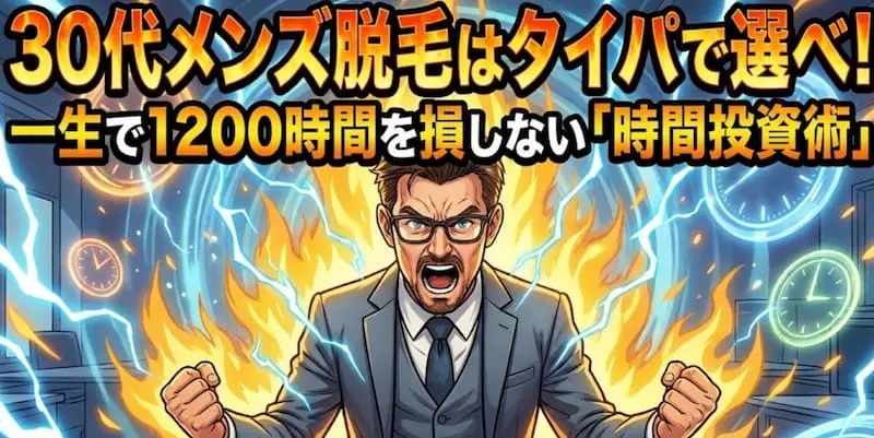 30代メンズ脱毛の重要性を「タイパ（タイムパフォーマンス）」の視点で解説するアイキャッチ画像。一生で1200時間の損失を回避する「時間投資術」をテーマに、エネルギーを纏ったビジネスパーソンのイラストと共に自己投資の価値を伝える2026年最新のSEO向け図解。