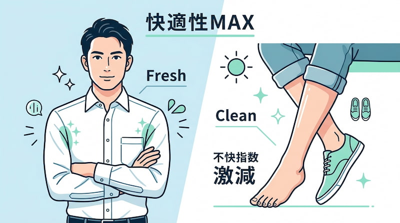 医療脱毛による快適性向上と不快指数激減のメリットを解説するイラスト。脇の汗や蒸れ（Fresh）、足元の清潔感（Clean）をキープし、夏場やスポーツ時でも「快適性MAX」な状態を実現。清潔感を武器にするビジネスパーソンのための2026年最新セルフケアガイド。