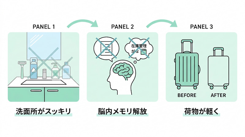 ミニマムライフな身だしなみ習慣がもたらす3つのメリットを解説したインフォグラフィック。洗面所のスッキリ化、在庫管理コスト削減による「脳内メモリ解放」、旅行時の「荷物が軽く」なるBefore/Afterの比較を提示。身の回りの最適化がビジネスの生産性向上に直結することを示す、事業家向けのライフハック図解。