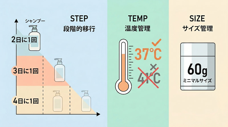 湯シャンや肌断食を成功させるための「段階的移行・温度管理・サイズ管理」の3ステップ図解。シャンプー頻度の削減、適切なぬるま湯（37度）設定、持ち物のミニマルサイズ化（60g）など、人生のノイズを減らす「ミニマムライフ」の実践手順を示すSEO向け画像。