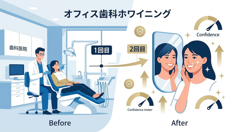 歯科医院で行う「オフィスホワイトニング」のビフォーアフター図解。施術前の状態から、1回目、2回目と回数を重ねるごとに歯が白くなり、自信メーター(Confidence meter)が上昇していく様子を可視化。清潔感のある口元が自己肯定感を高め、ビジネスや対人関係におけるパフォーマンスを最大化させる自己投資のメリットを示す、2026年最新のデンタルケア・戦略イメージ画像。
