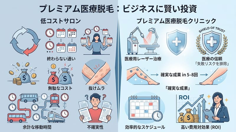 「プレミアム医療脱毛」をビジネスの賢い投資として解説する比較図解。低コストサロンの不確実性や移動時間の無駄に対し、医療脱毛クリニックの確実な成果（5-8回）、効率的なスケジュール、高い費用対効果（ROI）を対比。時間を資産に変え、失敗リスクを排除する事業家視点の戦略的美容投資イメージ画像。
