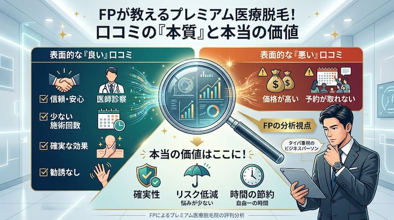 1級FPの視点で「プレミアム医療脱毛」の口コミの本質と本当の価値を分析したインフォグラフィック。表面的な良い口コミ（医師診察、確実な効果）と悪い口コミ（高価格、予約状況）を対比し、虫眼鏡で「確実性」「リスク低減」「時間の節約」という本質的な投資価値を可視化。タイパ重視のビジネスパーソンに向けた、自己投資の最適化を説く2026年最新の解説イメージ画像。