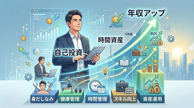 「自己投資」から「年収アップ」への成功ロードマップを可視化したインフォグラフィック。身だしなみ、健康管理、時間管理、スキル向上、資産運用の5つの基盤が「時間資産」と「ROI（投資利益率）」を最大化し、5年後の収益向上に繋がるプロセスを解説。事業家の戦略的自己啓発とキャリア形成を象徴する、2026年最新の資産形成・イメージ画像。