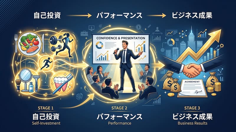 自己投資がビジネス成果に直結する3段階のプロセス図解。ステージ1:食事・運動・身だしなみによる「自己投資」。ステージ2:自信(Confidence)とプレゼンテーション能力の向上による「パフォーマンス」の発揮。ステージ3:成約(Agreement)や収益向上という具体的な「ビジネス成果」の獲得。自分を資本と捉え、戦略的に資産を形成しROIを最大化させるロジックを示す、2026年最新のビジネス戦略イメージ画像。