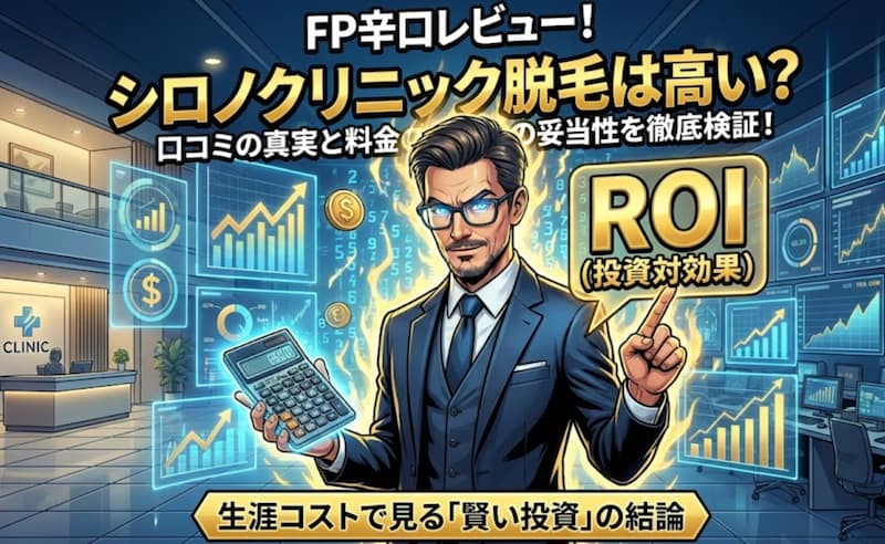 「シロノクリニックのメンズ脱毛は高い？」という問いかけに対し、1級FPが料金の妥当性を検証する記事のサムネイル。オーラを纏い電卓を持つ知的なビジネスマンのイラストを中心に、背景にはクリニックの受付と金融データが表示され、「ROI（投資対効果）」や「生涯コストで見る賢い投資」というテキストが配置されている。