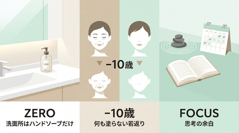 「肌断食」がもたらす究極のミニマリズムと若返りのメリット図解。洗面所をハンドソープだけにする「ZERO（断捨離）」、何も塗らないことで本来の肌力を引き出す「-10歳の若返り」、そしてスキンケア時間を削減して創出される「FOCUS（思考の余白）」の3要素を表現。人生のノイズを削ぎ落とし、自己資本を最大化させるミニマムライフの戦略イメージ。