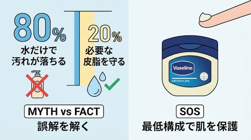 肌断食と湯シャンの80/20ルール解説図。汚れの80%は水だけで落ち、残りの20%で必要な皮脂を守るという事実（FACT）を可視化。スキンケアの誤解を解き、乾燥などのトラブル（SOS）時にはワセリンのみで最小構成の保護を行う、ミニマリスト向け美肌戦略イメージ。