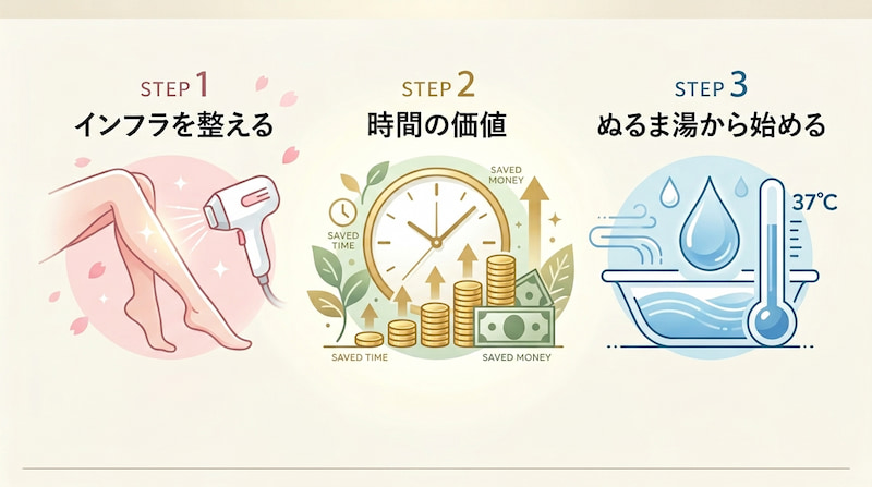 肌断食と湯シャン（ゆしゃん）を成功させるための戦略的3ステップ図解。ステップ1：脱毛でインフラを整える、ステップ2：時間の価値を認識する、ステップ3：37度のぬるま湯から始める。美容コストと時間を最適化する自己投資ガイド。