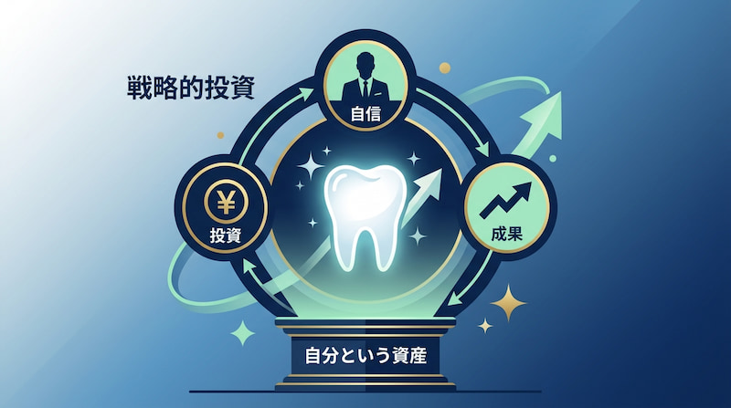 「自分という資産」を最大化させる「戦略的投資」の循環図。中央の歯のアイコンを核に、「投資(¥)」「自信(ビジネスマンのシルエット)」「成果(上昇矢印)」が相互に作用し、自己資本価値を高めていくロジックを可視化。歯科メンテナンスを単なる美容ではなく、ビジネスパフォーマンスを向上させるための戦略的資産と定義する2026年最新のインフォグラフィック画像。