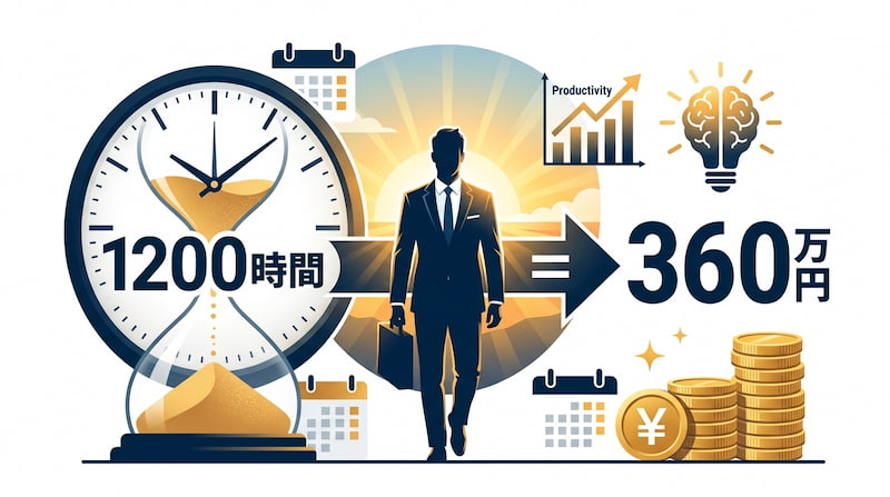 1,200時間の「時間資産」を360万円の価値へと変換するビジネスロジックの図解。1級FPの視点で、時間の最適化がもたらす生産性（Productivity）向上と、自己投資による収益化の相関を可視化。中央のビジネスマン、巨大な時計、脳のアイデアアイコン、円貨を配し、タイパ（タイムパフォーマンス）を最大化させる戦略を示す、2026年最新の資産形成・経営効率イメージ画像。