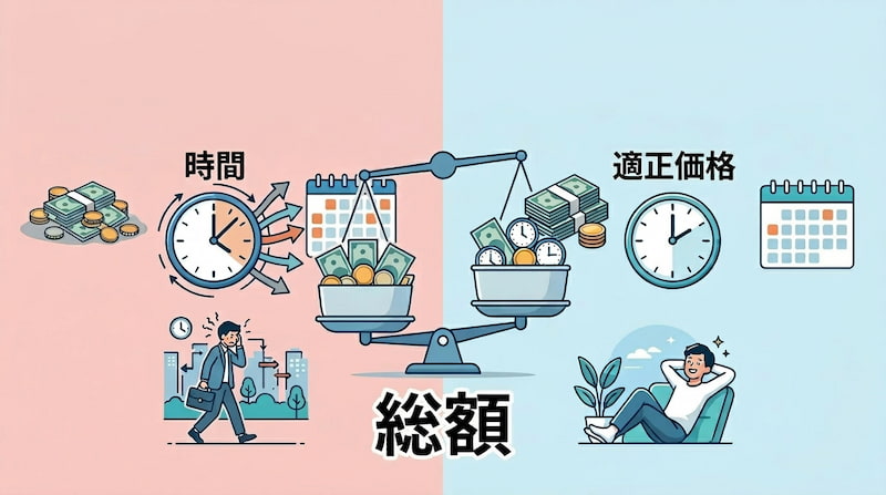 「時間」と「適正価格」を天秤にかけ、「総額」の観点から投資対効果を比較したインフォグラフィック。左側には低価格を求めて時間を浪費し、迷走するビジネスパーソンのストレスを、右側には適正な価格で高品質なサービスを選び、自由と安らぎを手に入れた姿を可視化。1級FP・事業家の視点で自己投資の最適解を説く、2026年最新の資産形成イメージ画像。