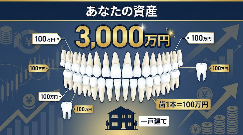 歯1本を100万円の資産と捉え、口内全体の価値を3,000万円の一戸建て住宅に相当すると定義した概念図。予防歯科や日々のメンテナンスを「資産価値の維持」と捉え、長期的な健康と経済的メリットの相関を可視化したヘルスケア・自己啓発向け画像。