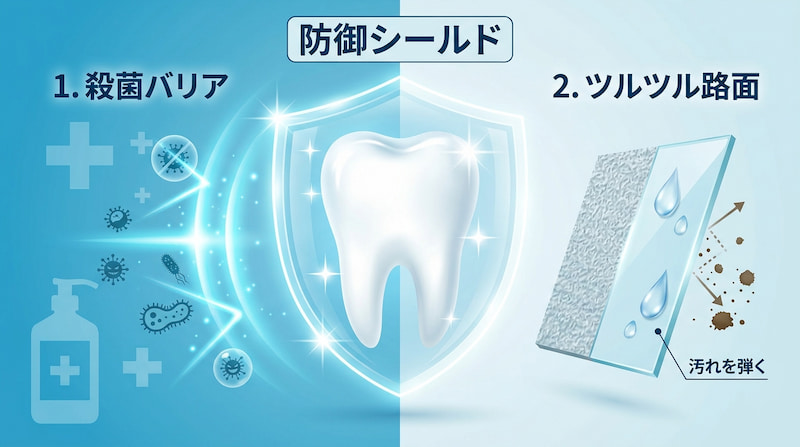予防歯科による「防御シールド」の概念図。細菌の侵入を防ぐ殺菌バリアと、汚れを弾くツルツルな路面（歯面）の状態を可視化。歯を資産として守り、適切なメンテナンスによってビジネスシーンでの清潔感を維持する重要性を解説するイメージ画像。