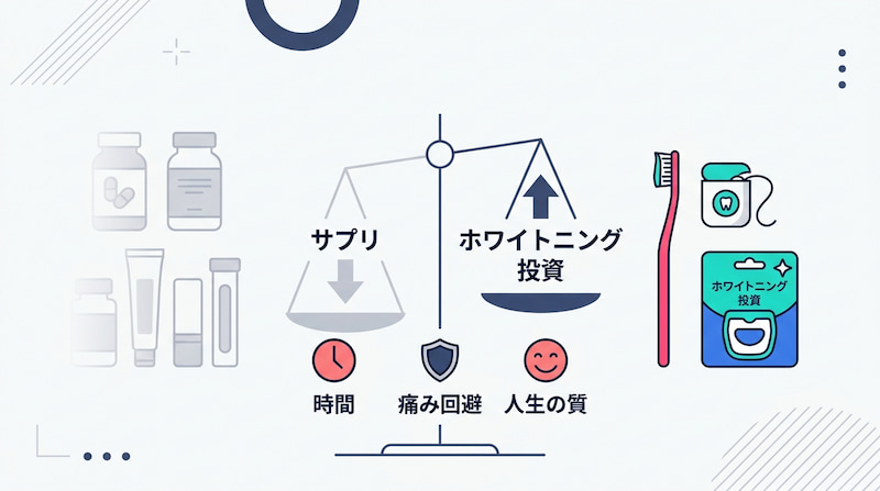 ホワイトニング投資とサプリメントの価値を比較したインフォグラフィック。時間効率、痛み回避、人生の質（QOL）の向上という3つの評価軸において、ホワイトニングが優れた自己投資であることを天秤で可視化。歯ブラシやフロスによるオーラルケアを、将来の健康被害を最小化する「インフラ投資」と定義する、2026年最新の戦略的セルフケアイメージ画像。