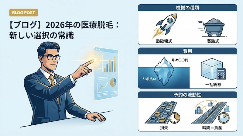 「2026年の医療脱毛：新しい選択の常識」というタイトルのブログ解説画像。左側にデジタルパネルを操作するスーツの男性、右側に「機械の種類」「費用」「予約の流動性」の3つの比較ポイントをアイコン付きで解説。