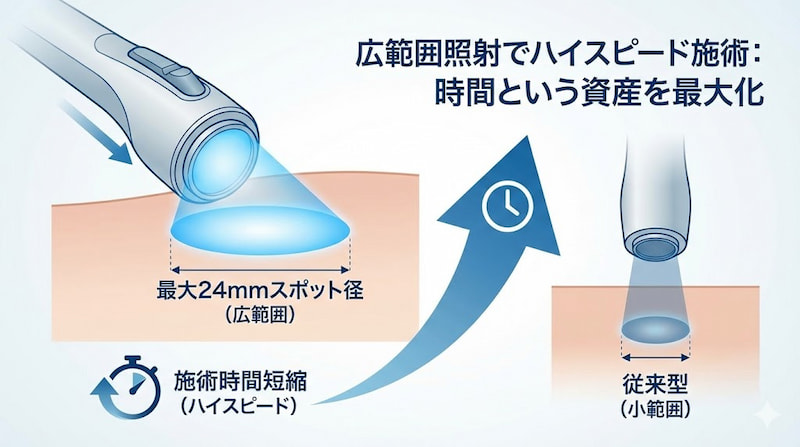 「広範囲照射でハイスピード施術：時間という資産を最大化」というタイトルの医療脱毛解説図解。最大24mmの広範囲スポット径による照射と、従来型の小範囲照射を比較。施術時間の短縮が将来的な時間の資産化に繋がることを視覚的に説明している。