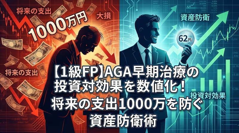 1級FPによる「AGA早期治療の投資対効果」を解説した比較インフォグラフィック。左側の赤を基調としたエリアには、下落するグラフと散らばる1万円札とともに、「将来の支出1000万円 大損」と書かれ、肩を落とす男性が描かれています。対照的に、右側の青緑のエリアには、上昇するグラフと「62円/日」のコインを掲げた笑顔のスーツ姿の男性が描かれ、「資産防衛」と記されています。中央には「将来の支出1000万を防ぐ資産防衛術」というキャッチコピーがあり、早期対策がいかに経済的合理性に叶っているかを視覚的に示しています。