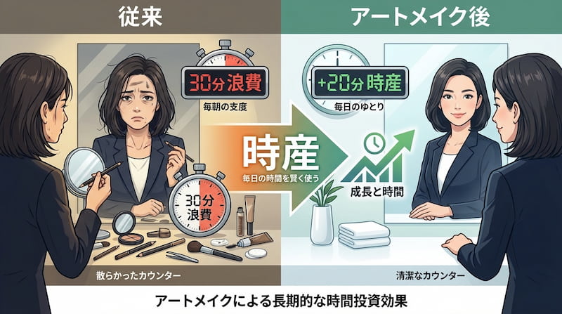 アートメイクによる毎朝の時短効果を比較した図。30分の支度時間を20分の「時産」へと変え、毎日のゆとりと成長時間を創出。散らかったカウンターから清潔な環境への変化と、長期的な時間投資効果を解説するセルフケア・ライフハックのイメージ画像。