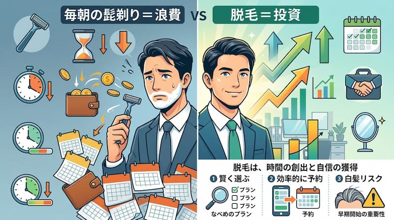 「毎朝の髭剃り＝浪費」と「脱毛＝投資」を対比させたインフォグラフィック。カミソリによって時間、資産、精神的余裕を失う負のループに対し、医療脱毛によって「時間資産の創出」と「自信の獲得」を実現し、ビジネスパフォーマンス（右肩上がりのグラフ）を向上させるプロセスを可視化。白髪リスクを避けるための早期開始の重要性やプラン選定のコツを説く、2026年最新の自己投資・キャリア形成イメージ画像。