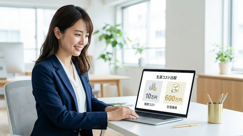 「明るいオフィスで笑顔でノートパソコンを操作する、紺色のスーツを着た女性ビジネスパーソン。パソコンの画面には『生涯コスト比較』というタイトルで、左側に『10万円 短期コスト』、右側に『600万円 生涯価値』と書かれた比較図が表示されている。デスクの上にはゴールドのペン立てとペンが置かれている。」