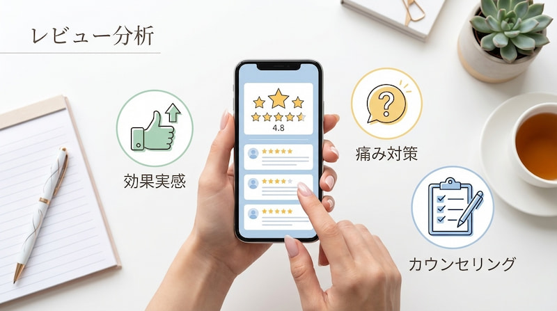 「レビュー分析」の図解。スマホ画面の評価をベースに、効果実感・痛み対策・カウンセリングの3点を重視。美容を「消費」ではなく、確実なリターンを得るための「投資」として分析する姿勢を表現。